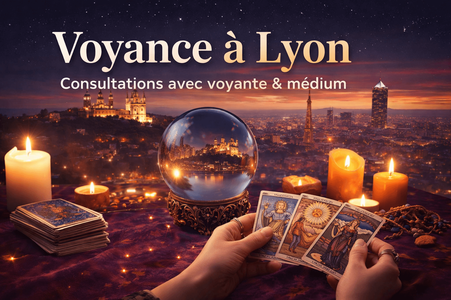 Illustration ésotérique élégante : étoiles, cartes et skyline de Lyon